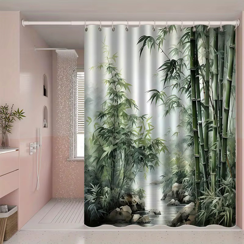 VIKAMA Duschvorhang mit Zen Bamboo Grove Landscape Print, wasserdicht und schimmelresistent, Mehrfarbig, B/H: 180 x 180 cm - Bild 4