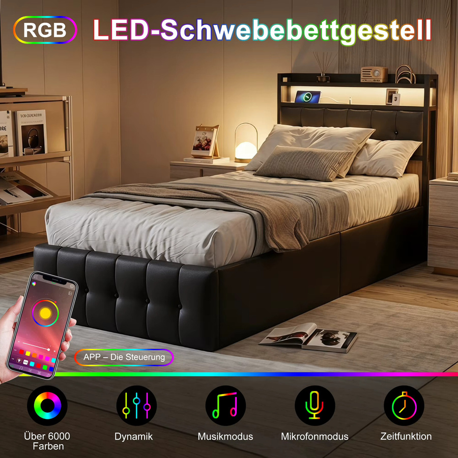 Anajqaqia Polsterbett mit hydraulischem Stauraum und Kopfteil mit Regal, Einzelbett in Schwarz, B/T: 90 x 200 cm - Bild 4