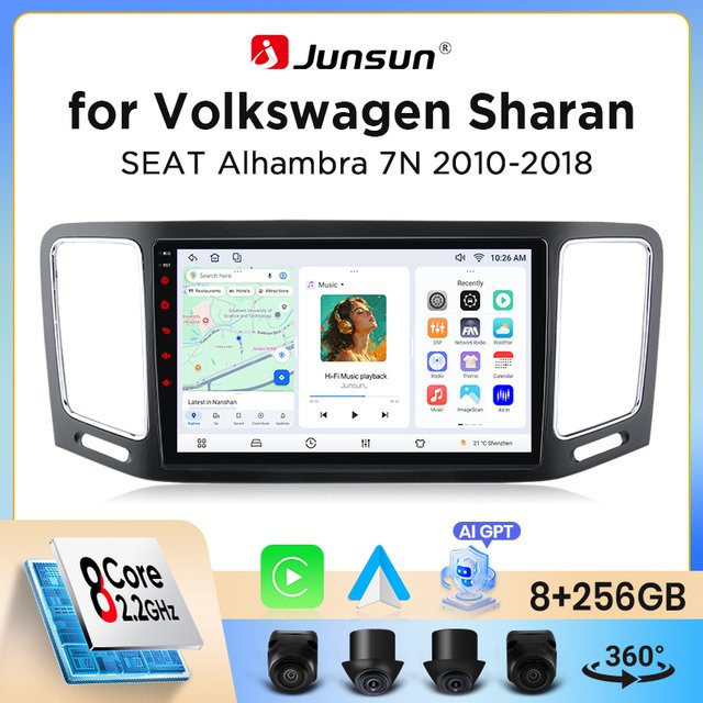 Junsun Wireless CarPlay und Android Auto Autoradio für Volkswagen Sharan und SEAT Alhambra 7N, Multimedia-Player mit GPS, WiFi, Bluetooth und DSP in Schwarz - Bild 1
