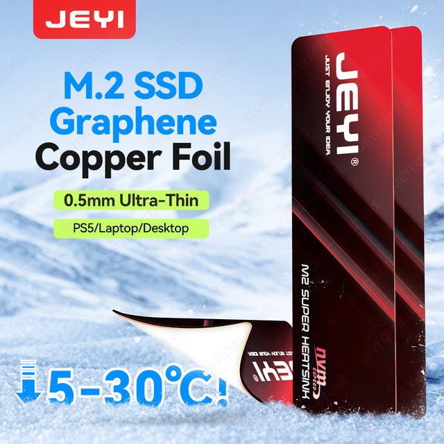 JEYI M.2 2280 SSD Graphen-Kupfer-Kühlkörper in Schwarz mit 0,5 mm ultradünnem Wärmeleitpad für NVMe und SATA SSDs - Bild 1