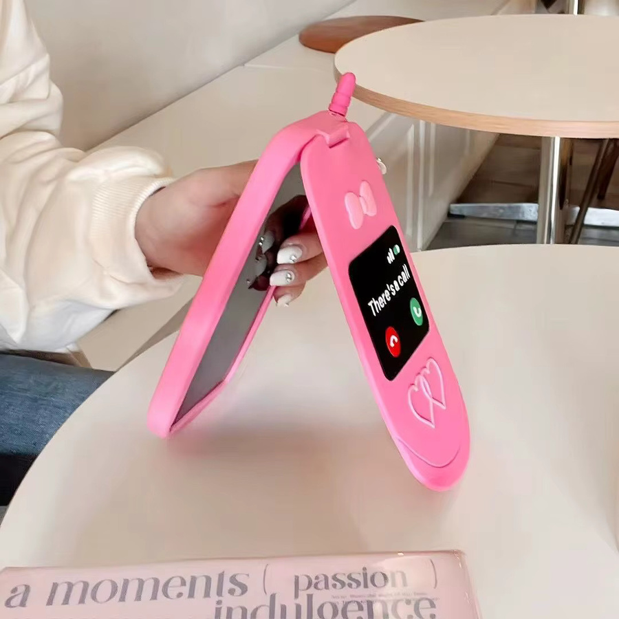 K'try Handyhülle mit 3D Schleife und Klappspiegel aus Silikon in Pink für iPhone 12 bis iPhone 17 Pro Max - Bild 4