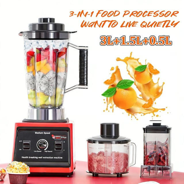 DWiusty 3-in-1 Elektrischer Mixer 9500W Hochleistungs-Großküchenmaschine für Eis, Smoothies und Säfte in Rot mit 3L, 1,5L und 0,5L Behältern - Bild 1