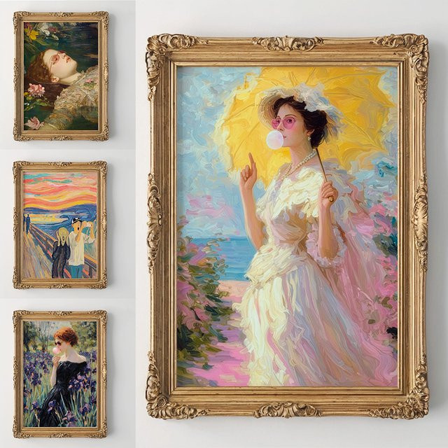 Rokoko Swing Girl Kunstdruck Poster Vintage Strand Dame Wandkunst Leinwandmalerei in Mehrfarbig - Bild 1