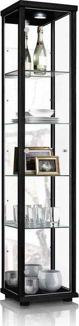 K-Möbel Glasvitrine stehend in Schwarz mit Spiegel, LED-Beleuchtung und 4 höhenverstellbaren Glasböden, H: 176 cm, B: 37 cm, T: 33 cm - Bild 1