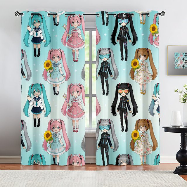2er-Set Hatsune Miku Chibi Verdunkelungsvorhänge mit Multi-Outfit Motiv in Mehrfarbig für Kinderzimmer und Teenager - Bild 1