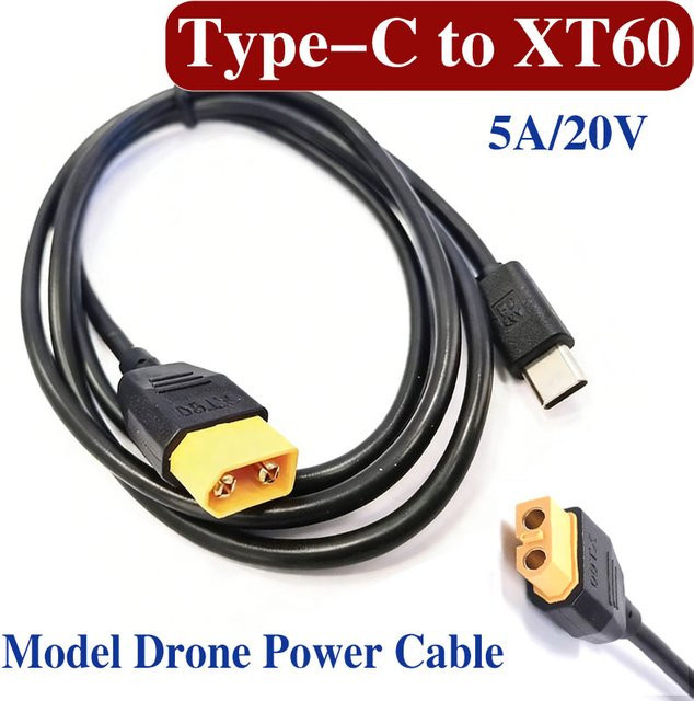 DIVEDEER USB-C auf XT60 Stromkabel Schwarz, 1m PD100W Schnellladekabel für Modellflugzeuge, Drohnen und Lithium-Batterien, 5A 20V/28V - Bild 1