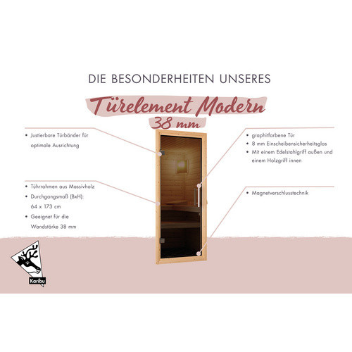 Karibu Saunatür Ganzglas Anthrazit Grau B: 64 cm, H: 175 cm, für Wandstärken 38/40 mm - Bild 3