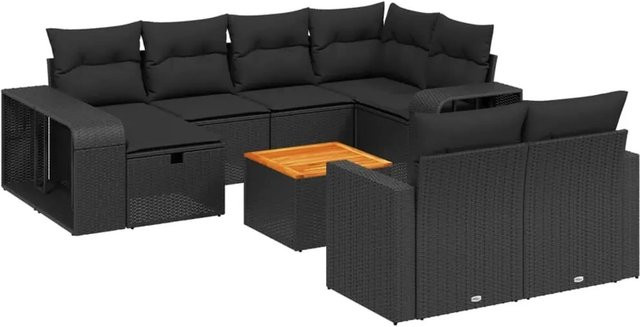 vidaXL 11-tlg. Garten-Sofagarnitur in U-Form aus Polyrattan und Akazienholz mit Kissen in Schwarz - Bild 1