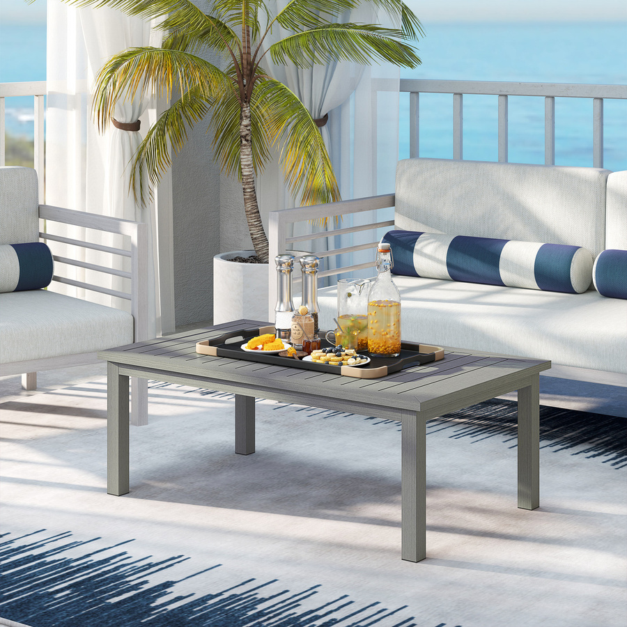 Outsunny Rechteckiger Couchtisch mit Lamellenplatte aus Aluminium für Innen und Außen, Grau, B: 100 cm, T: 60 cm, H: 37 cm - Bild 2