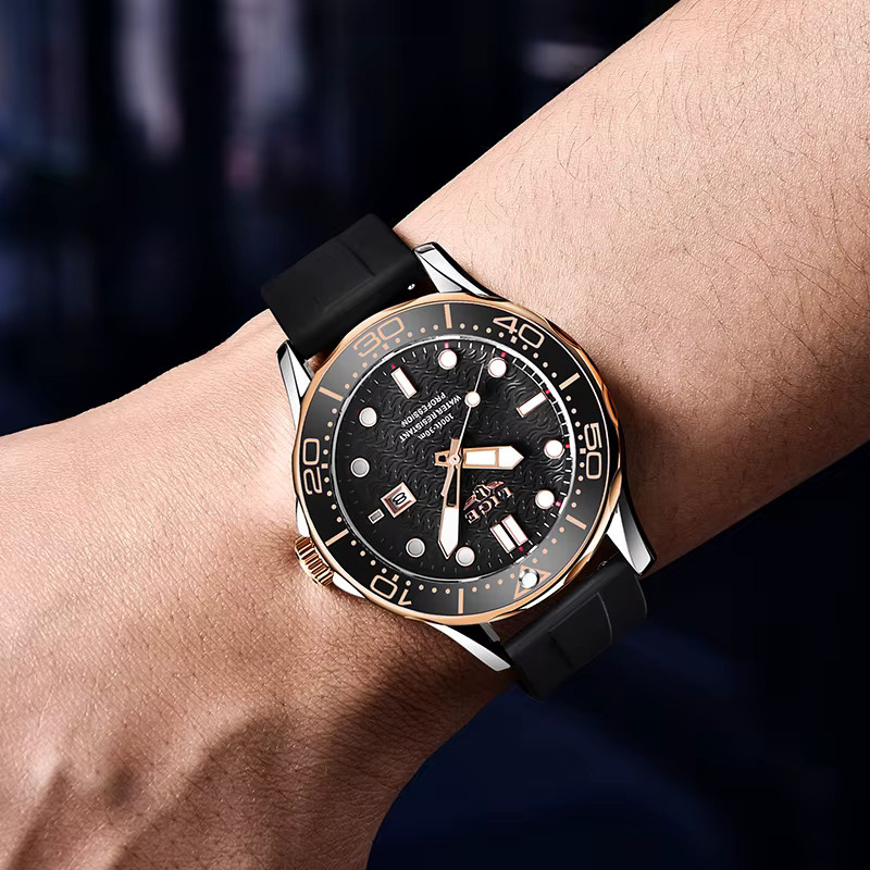LIGE Armbanduhr Quarz, Silikon, Schwarz, Herren, Datum, Leuchtzeiger - Bild 4