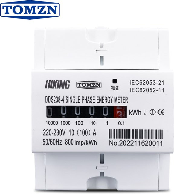 TOMZN DIN-Schienen-Energiezähler Einphasig mit KWh-Überwachung 220-230VAC 60A 100A 50/60Hz 800/1600imp/kWh mit mechanischer Zähleranzeige - Bild 1