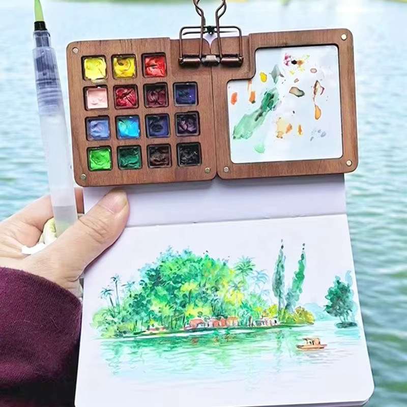 Professionelles Pocket Artist Aquarell-Set aus Holz in Braun mit 9-teiliger magnetischer Palettenschachtel, 6 Pinseln, Clip und Skizzenbuch - Bild 5