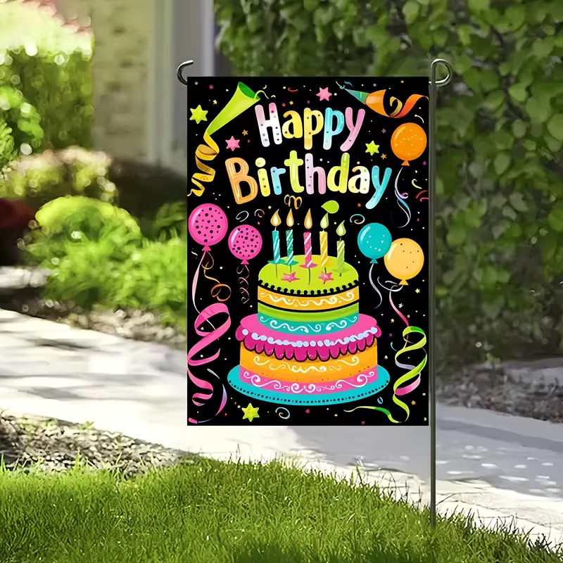 VIKAMA Happy Birthday Gartenflagge mit Cartoon-Kuchen-Aufdruck, Mehrfarbig, B: 30 cm, H: 45 cm - Bild 2