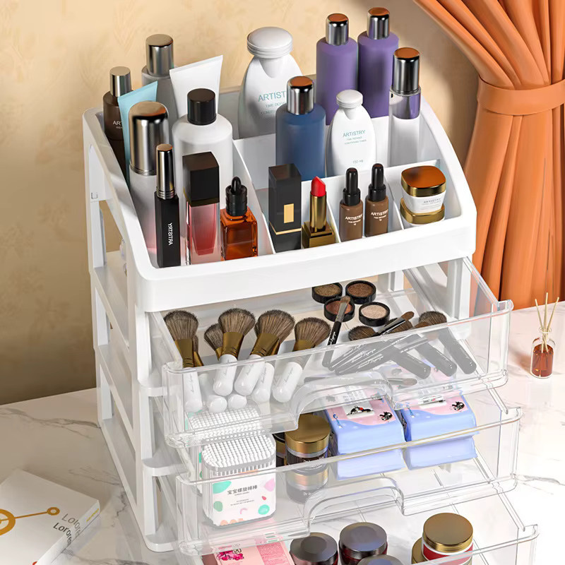 Transparente mehrschichtige Aufbewahrungsbox für Büro und Kosmetik mit Schubladen aus Kunststoff in Weiß - Bild 3