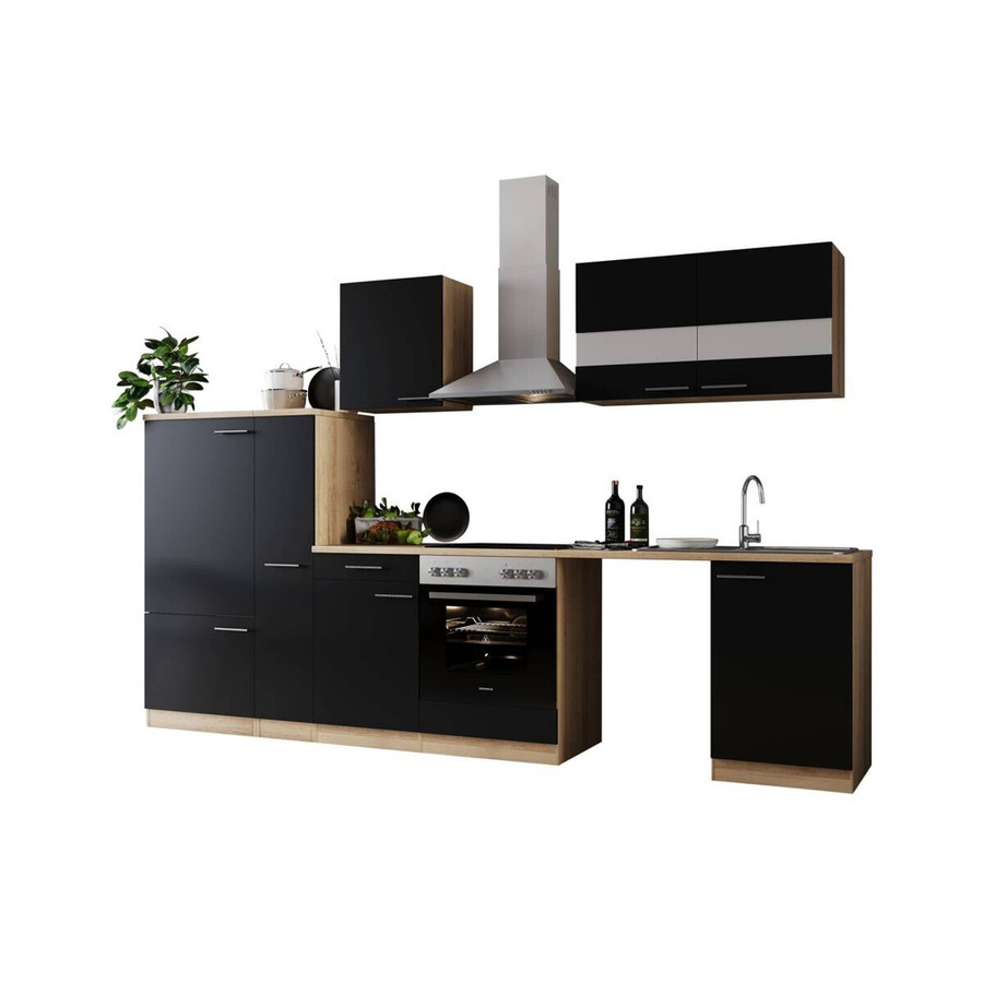 Respekta Küchenblock Merle modern in Eiche Sägerau Nachbildung und Schwarz mit Glasfronten und Soft-Close-Türen, B/H/T: 310 x 82 x 54 cm - Bild 3