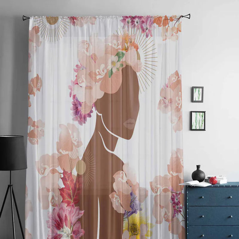 Super Six Chiffon-Fenstervorhang im Boho-Stil mit floralem Blumenmuster, Farbe: Weiß, Breite: 135 cm, Höhe: 114 cm - Bild 3