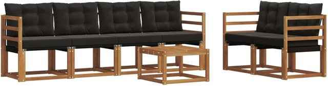 vidaXL Outdoor-Sofagarnitur 7-tlg. aus Akazienholz und Textilene in Natur und Schwarz mit Kissen und Tisch - Bild 1