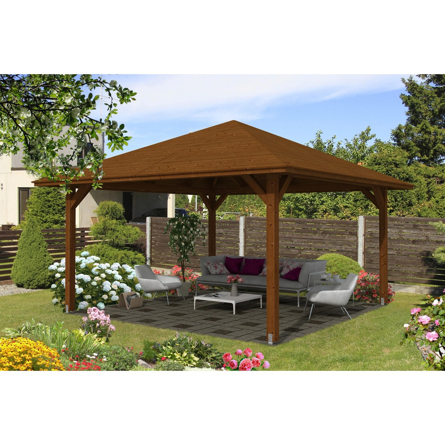 Skan Holz Pavillon Cannes 3 aus Fichte in Nussbaum braun lasiert, Breite: 424 cm, Tiefe: 424 cm - Bild 2
