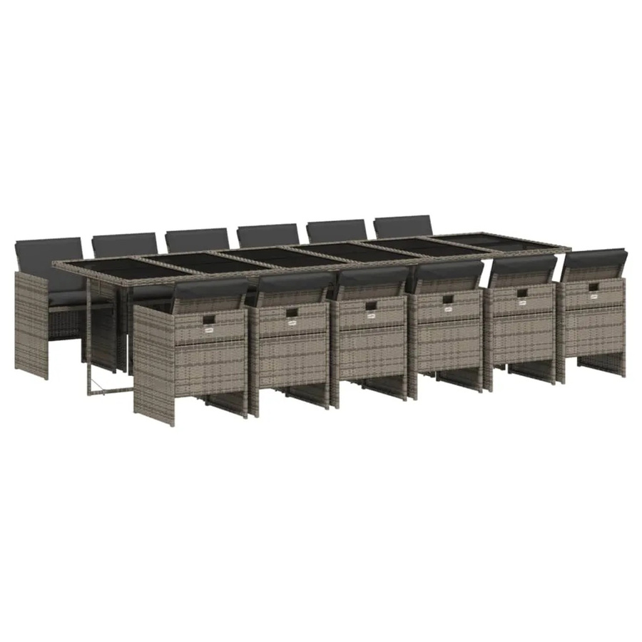 vidaXL 13-teilige Garten-Essgruppe aus Poly-Rattan in Grau mit Kissen und Hartglas-Tischplatte - Bild 2