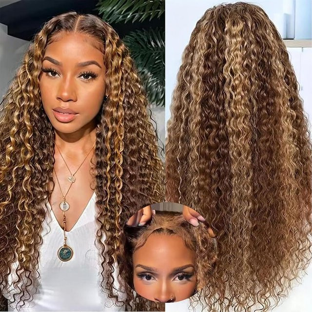 LETMIEO Wear & Go Glueless 5x5 HD Lace Closure Echthaarperücke, Deep Wave, P4/27 Honigblond Ombre Highlight - Bild 1