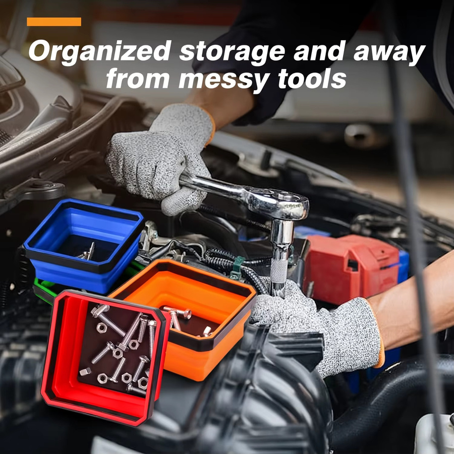Zusammenklappbare magnetische Silikonschüssel in Grün als faltbarer Werkzeug-Organizer und Teileablage für Schrauben, Muttern und Bolzen in der Garage oder bei der Autoreparatur - Bild 4
