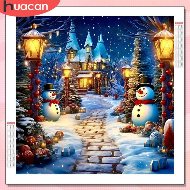 HUACAN Diamantmosaik Malerei Schneemann in Winterlandschaft, Runde Weihnachts-Diamantmalerei in Mehrfarbig - Bild 1