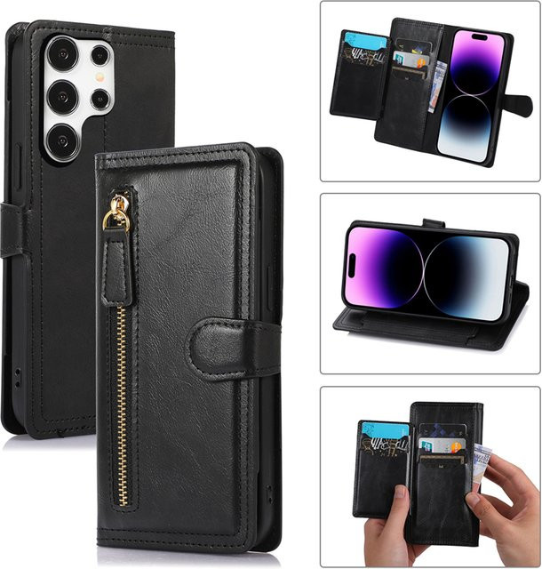 newteneight Lederhülle mit Reißverschluss und Kartenhalter für Samsung Galaxy S25 Ultra S24 S23 S22 S21 Serie in Schwarz und Cyan - Bild 1