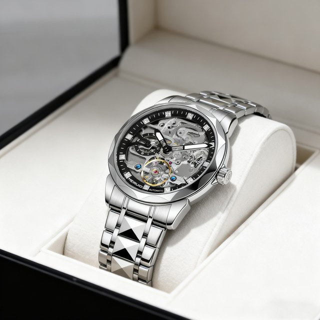 MEIRUIQI Armbanduhr Automatik, Edelstahl, Silber, Schwarz, Herren - Bild 1