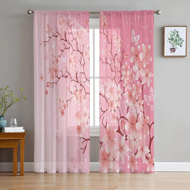 A Family Of Home Textiles Voile-Hängevorhang mit rosa Blumenkirschblüten in Weiß, transparent, Breite: 135 cm, Höhe: 213 cm - Bild 1