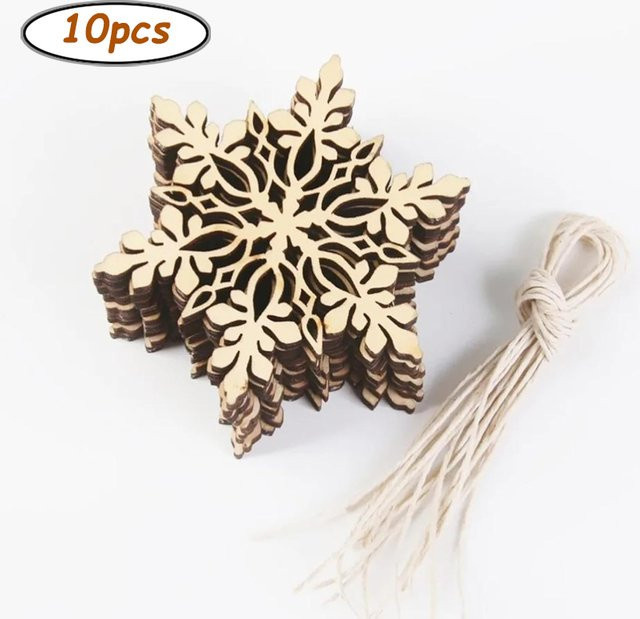 10 Stück unbemalte Holz-Schneeflocken-Ornamente zum Basteln mit Kordel für den Weihnachtsbaum in Weiß und Braun - Bild 1