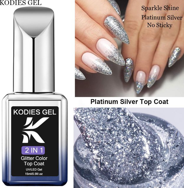 KODIES GEL Top Coat Platinum Silver Glitter, 15 ml, Glänzend - Bild 1