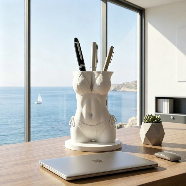 DIY 3D Relief Badeanzug-Figur Stifthalter in Weiß als minimalistischer Schreibtisch-Organizer aus Kunststoff - Bild 1