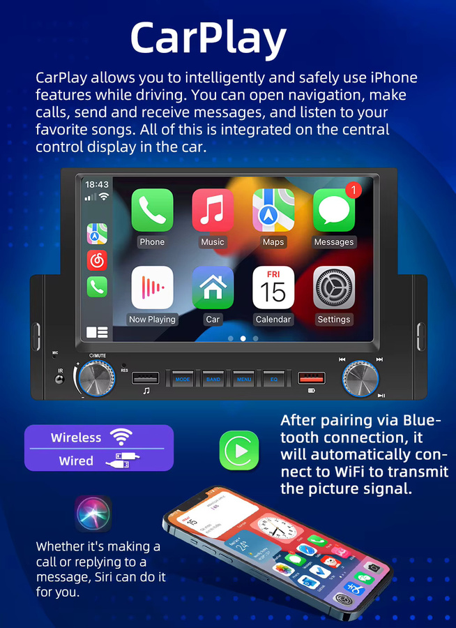 Navinio Bluetooth Carplay Android Autoradio mit GPS und HD Rückfahrkamera in Schwarz für VW Transporter Caravelle Multivan T4 IV 4 Pritsche Bus - Bild 3