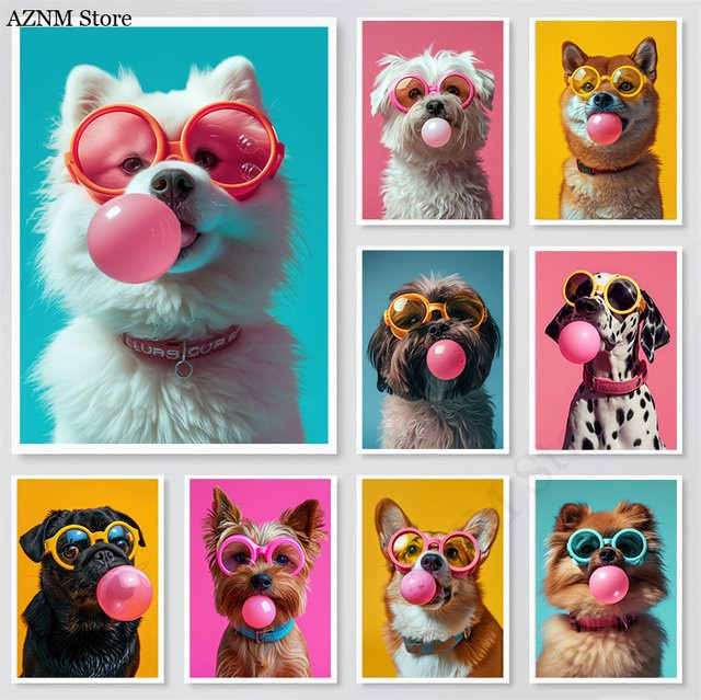Potdemiel Leinwand Wandkunst mit bunten Hunden in Sonnenbrillen und Kaugummi als modernes Poster für dein Zuhause - Bild 1