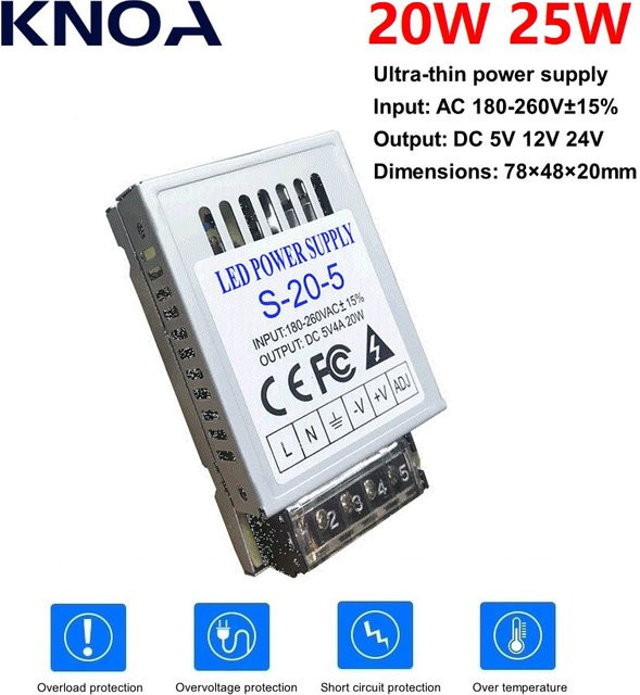 KNOA Schaltnetzteil DC-Adapter in Silber mit Barrel-Plug für Monitor und LED, AC 220V auf 5V 12V 24V, 25W - Bild 1