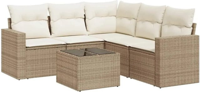 vidaXL 6-tlg. Garten-Sofagarnitur in L-Form aus beige farbenem PE-Rattan mit Kissen und pulverbeschichtetem Stahlgestell - Bild 1