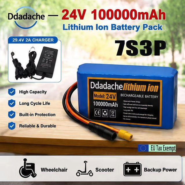 7S3P 24V 100000mAh Hochleistungs-Lithium-Akku-Pack in Blau für Elektrofahrräder und leichte Motorräder inklusive BMS und 29,4V 2A Ladegerät - Bild 1