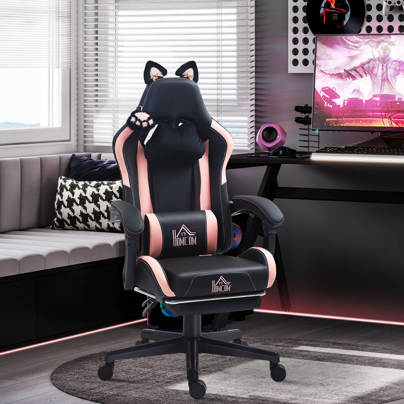 HOMCOM Gaming-Stuhl mit Katzenohren in Schwarz, ergonomischer Gamer-Sessel aus Kunstleder mit Lendenwirbelstütze, Kopfkissen und Fußstütze, höhenverstellbar und mit Liegefunktion - Bild 2