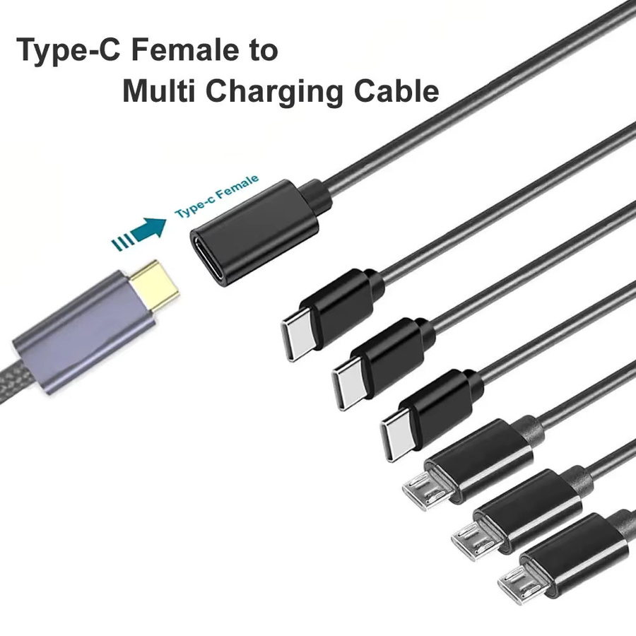 6-Port USB-C-Splitter-Verlängerungskabel mit Micro-USB-Unterstützung, Schwarz, Länge: 50 cm - Bild 3