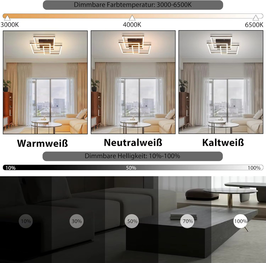 Cliheet Moderne LED-Deckenleuchte in Schwarz mit quadratischem Rahmen, 36 W, dimmbar - Bild 2