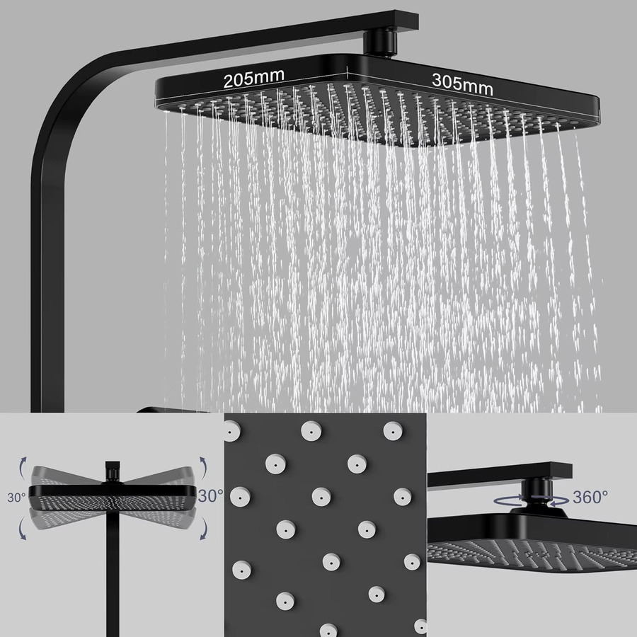 HobbyLane Regendusche Set Wandmontage in Schwarz mit Regenduschkopf, Mischbatterie, Regal und Haltegriff - Bild 2