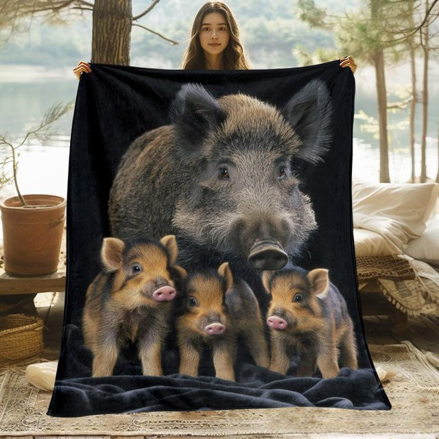 JMG Household Supplies Flanell Decke mit Schwein Familie Muster in Schwarz, weich und flauschig, B/T: 180 x 250 cm - Bild 1