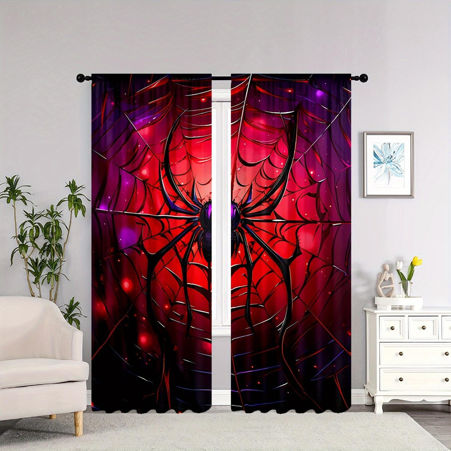 2er-Set Rote Spinnennetz Vorhänge von Yiran Furniture mit Digitaldruck, halbtransparent, Polyester, Breite: 130 cm, Höhe: 130 cm - Bild 1