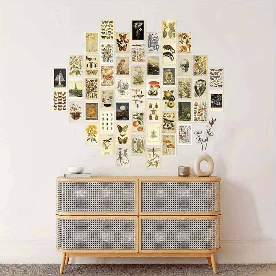 50-teiliges Set Vintage-Sammelkarten mit botanischen Illustrationen von Pflanzen, Schmetterlingen und Pilzen in Multicolour zur Raumdekoration - Bild 3
