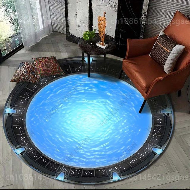 Rouxin eleven Runder Teppich 3D Interstellar Stargate Design in Blau, Anti-Rutsch Flanell-Teppich für Wohnzimmer und Schlafzimmer, Durchmesser: 150 cm - Bild 1
