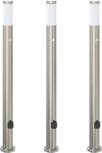 vidaXL Pollerleuchten 3er Set aus Edelstahl mit Bewegungssensor und Steckdose, Farbe: Silber, Höhe: 110 cm, IP44 - Bild 1