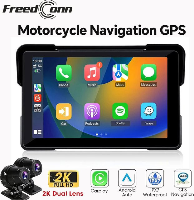 Freedconn Motorrad-Navigationssystem mit GPS, Wireless CarPlay, Android Auto und DVR, 5/7 Zoll Display, Schwarz - Bild 1