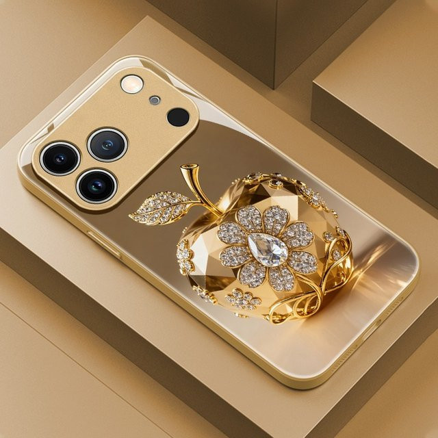 Luxus Kristall Handyhülle mit Apple Muster in Gold für iPhone 17 16 15 14 13 12 11 Pro Max und weitere Modelle - Bild 1