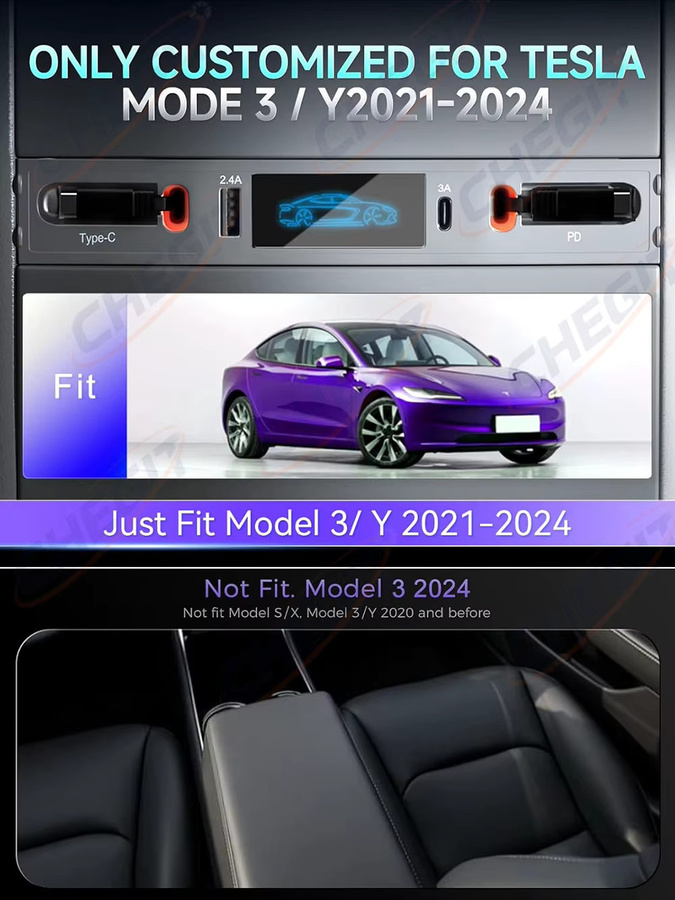 WDSZKMYF 4 in 1 USB-Ladegerät für Tesla Model 3 und Model Y mit einziehbarem Typ C Kabel, 27 W PD und QC 3.0, Schwarz - Bild 2
