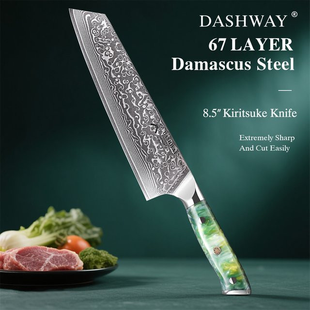 DASHWAY Japanisches Kiritsuke Kochmesser aus Damaststahl mit Harzgriff, 21,59 cm - Bild 1